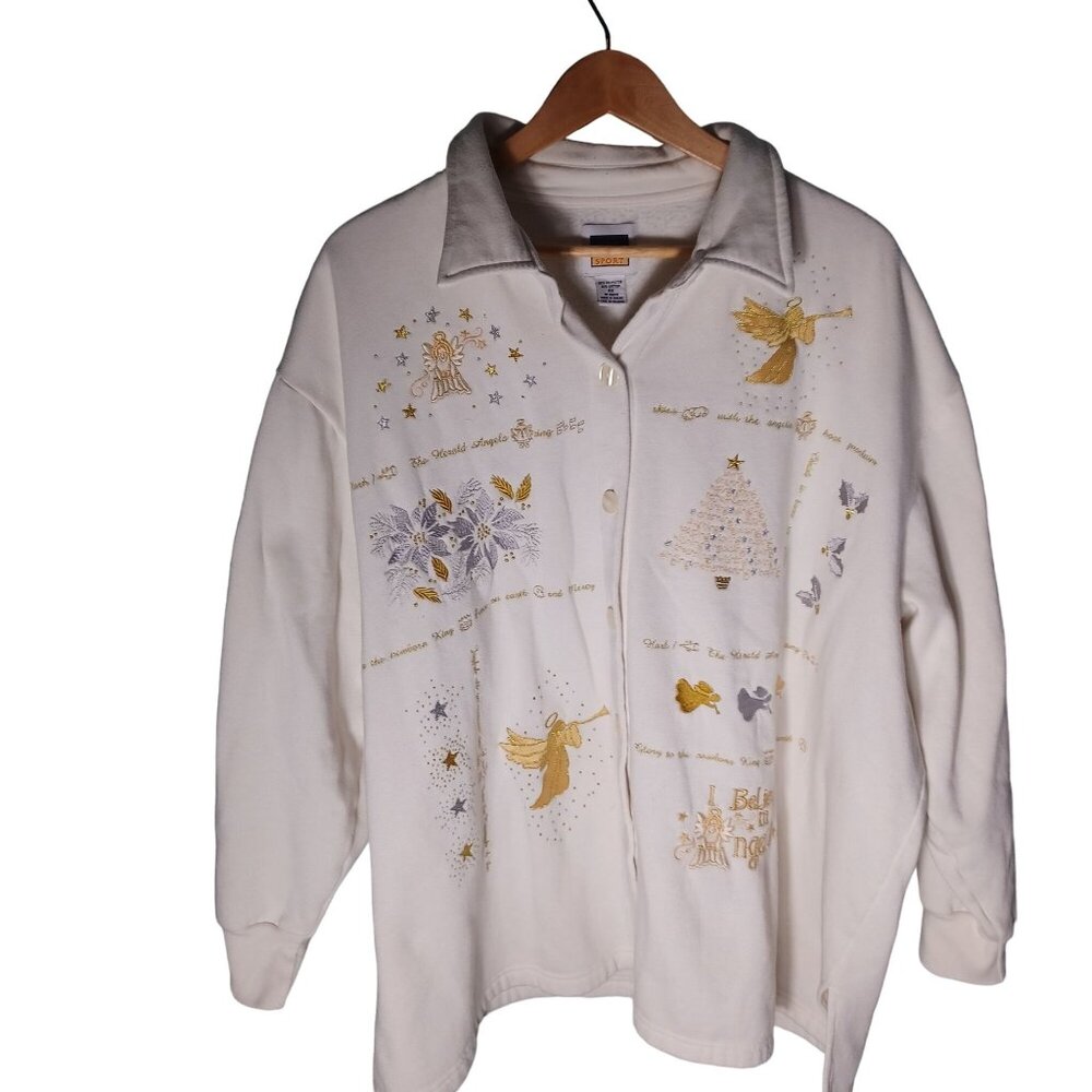 Womens Christmas Sweatshirt Plus Size 4X White Button Up Holiday Angels Festive